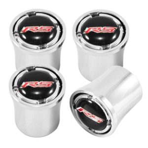 CHEVROLET CHROME BLACK ROAD SPORT VALVE STEM CAPS W RED RS LOGO EMBLEM